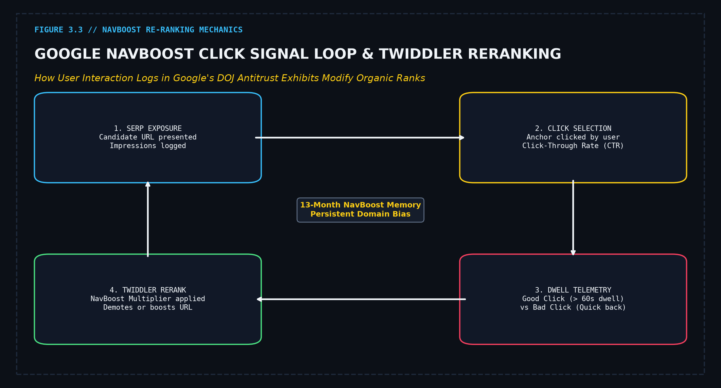Google NavBoost click signal loop and Twiddler reranking architecture